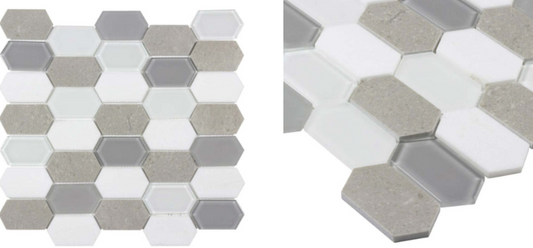 **PER PIECE** Diamond White Cinderella Gray Glossy Thassos Marble Glass (Hexagon SF160057) MTO0128 12pcs MSRP:$14.98/pc Final: 6.99/pc - CLEARANCE: $3.99/pc