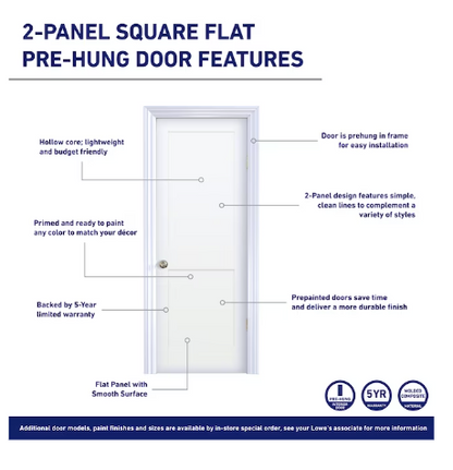 INT-DOOR. Reliabilit 838430 LH - 2 Panel, Square Flat, Hollow Core, Primed 365 Casing & Jamb. Satin Nickel Hinges. 24x80 inch. RO: 26 3/4x82