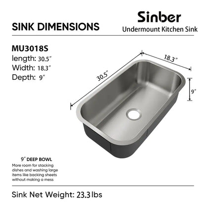 MU3018S Duko Sink 30-IN Undermount Single Bowl (Sink Only)