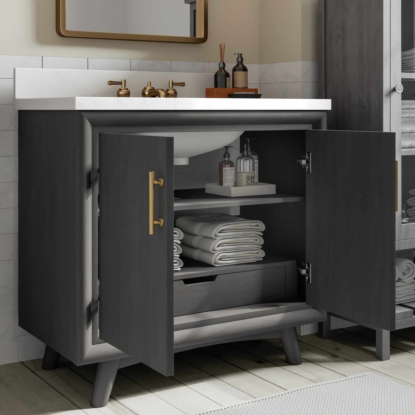 Thomasville Preston THMSVL36DVDG 36 in. W x 20 in. D Bath Vanity in Antique Grey with Quartz Stone Vanity Top in White with White Basin MRSP: $1,499.00 Final Price: $499.99 + TAX