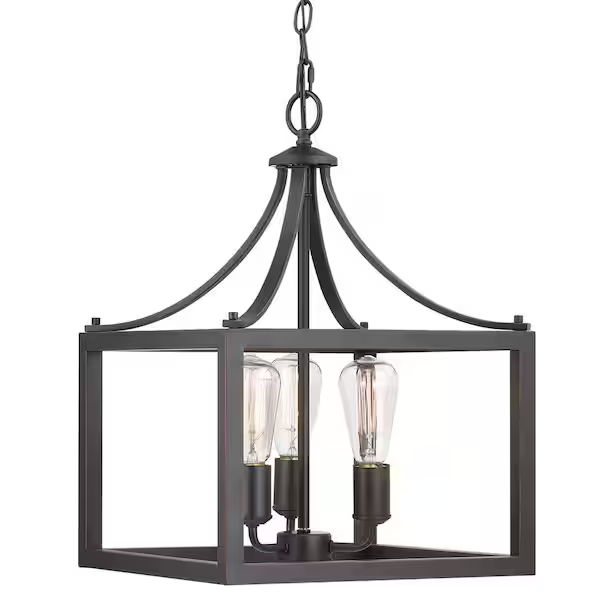 Hampton Bay Boswell Quarter 14 in. 3-Light Distressed Black Farmhouse Square Pendant Chandelier for Kitchens