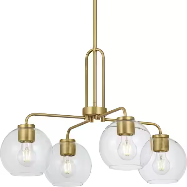 Progress Lighting Mitchella 24 in. 4-Light Vintage Brass Chandelier with Clear Glass Globe Shades 1007 968 375 MSRP: $189