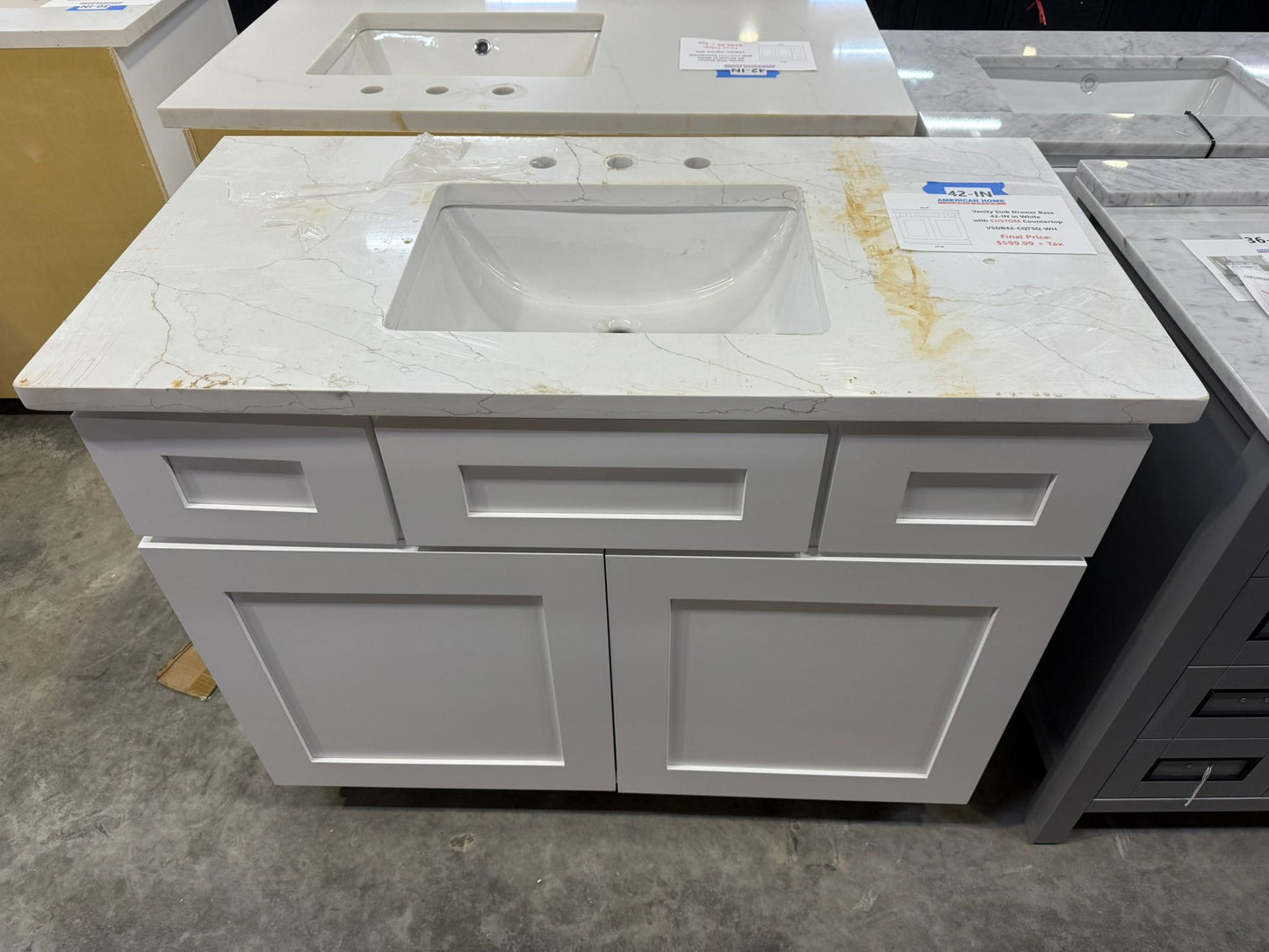 Vanity Sink Drawer Base 42-IN in White with Custom Quartz Countertop, VSDB42-CQTSQ-WH, Final Price: $599.99 + Tax