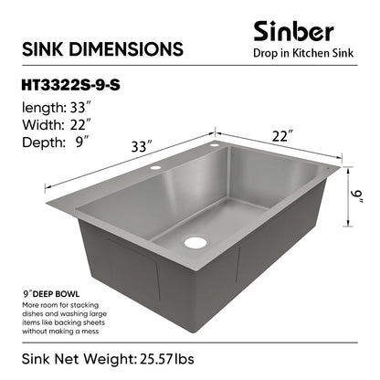 HT3322S-S-9 Duko Sink 33-IN Drop-In Single Bowl (Sink Only) CLEARANCE! $159.99 + TAX