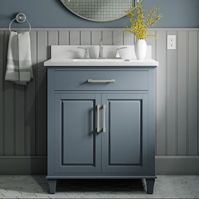allen + roth Brookview 30-in Slate Blue Undermount Single Sink Bathroom Vanity with Carrara Engineered Marble Top 2694516 1789VA-30-310
