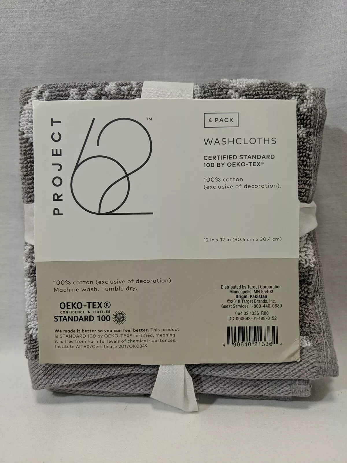 Project 62 Wash Clothes 12x12 4 -Pack  COLORS: Polka Dot Blue / Dark Gray ( Black ) / Light Gray MSRP: $6.00 CLEARANCE! SPECIAL