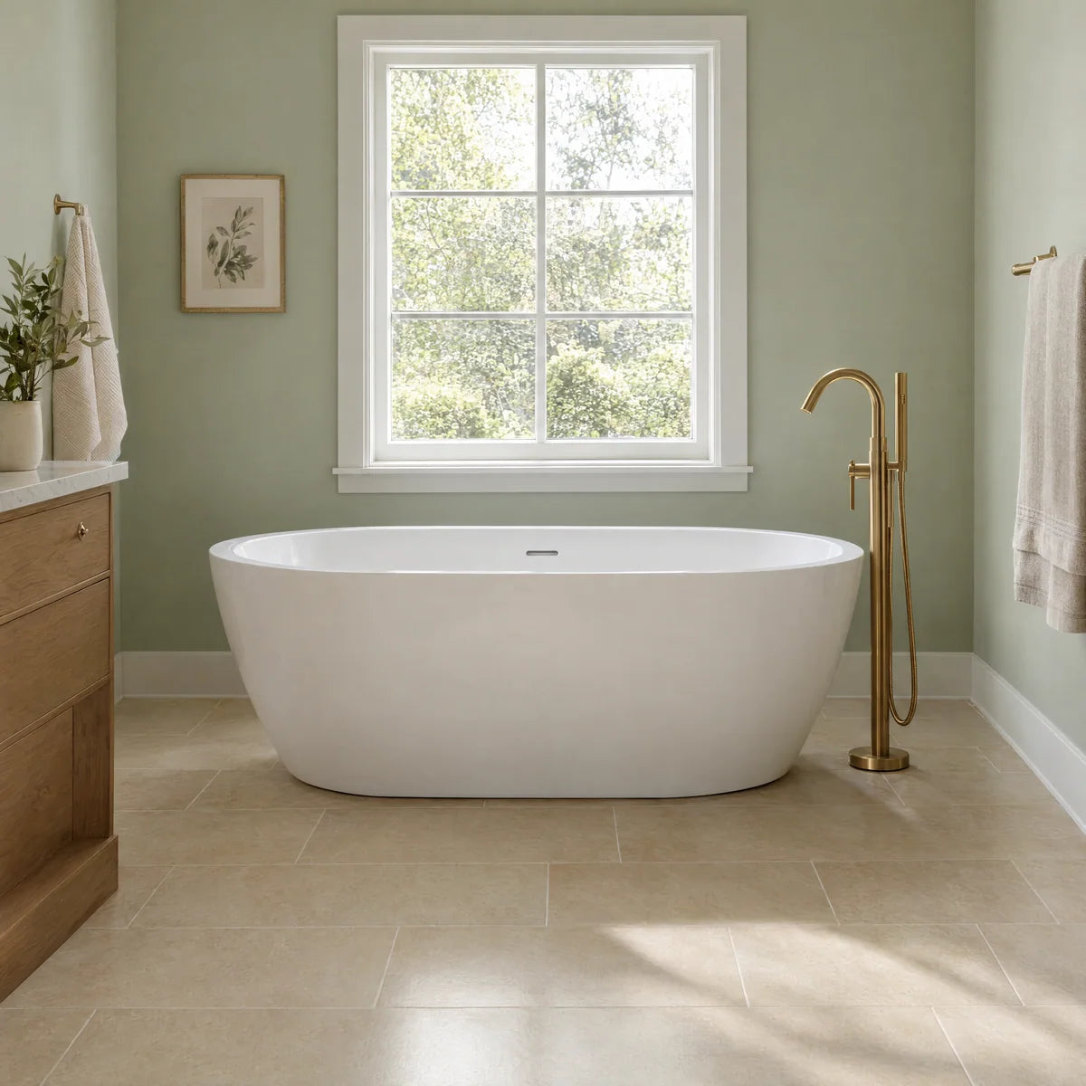 White freestanding bathtub with brass fixtures and ivory tile