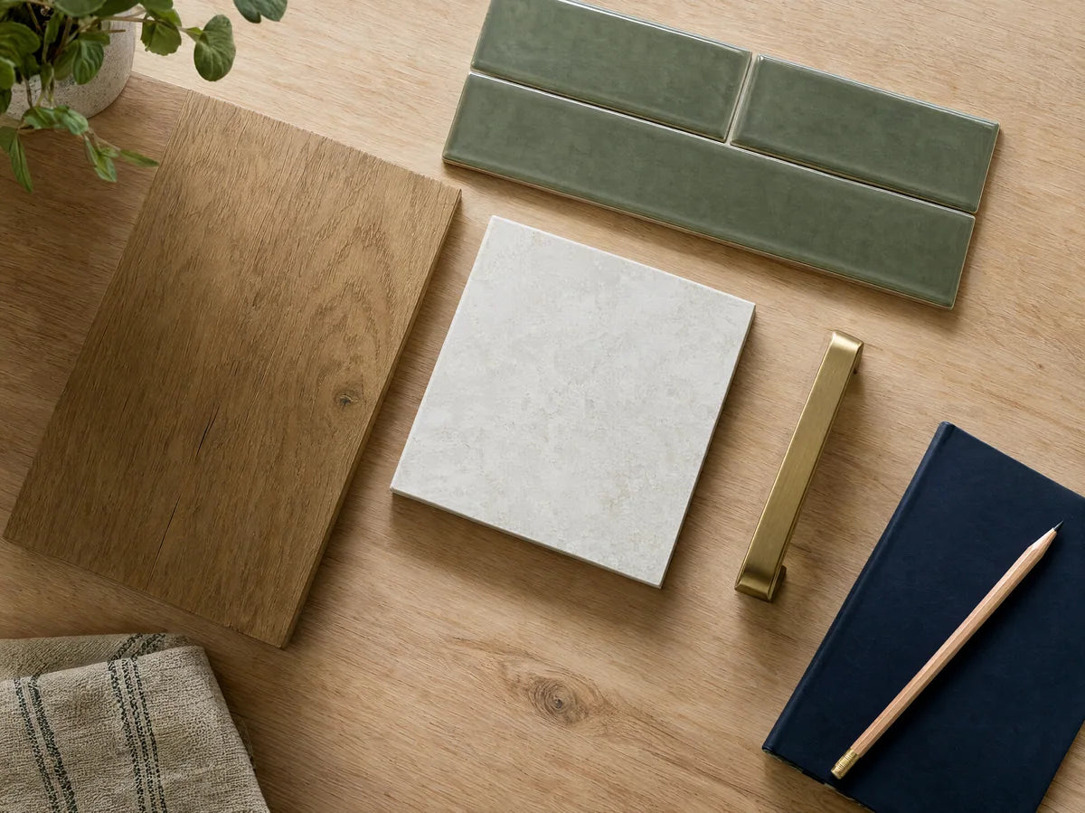 Coordinated oak, porcelain, green tile and brass finish samples