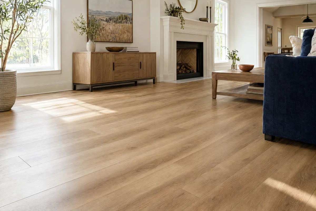 Oak-look vinyl flooring across a bright family living room