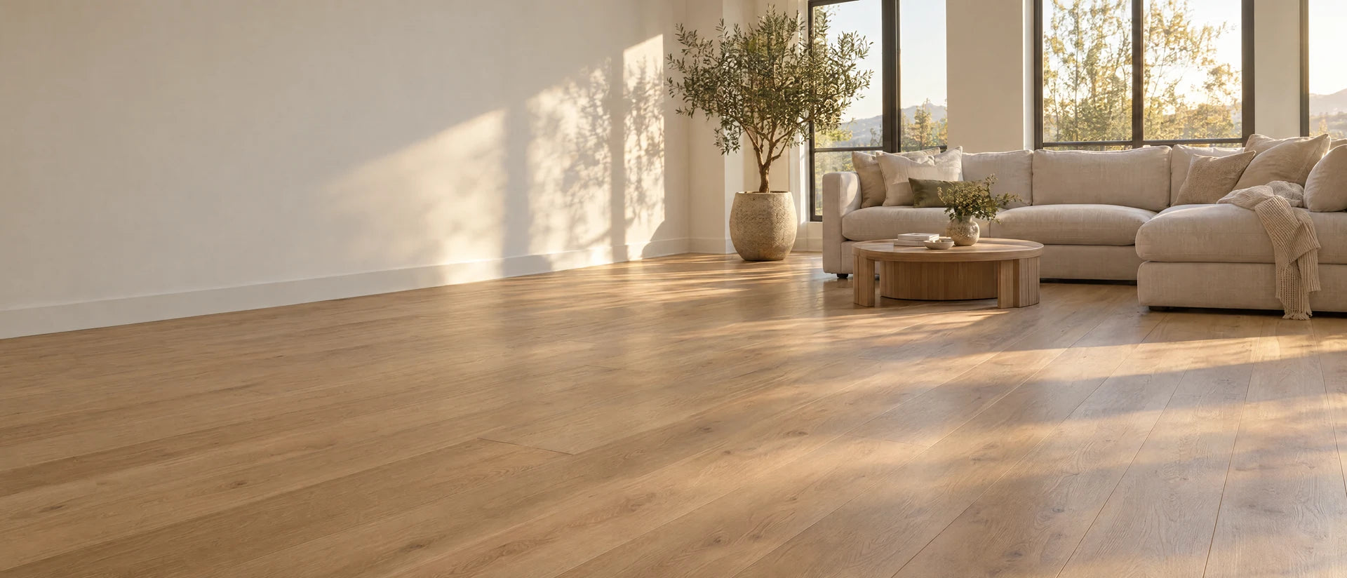 Natural oak-look luxury vinyl plank flooring in a sunlit living room