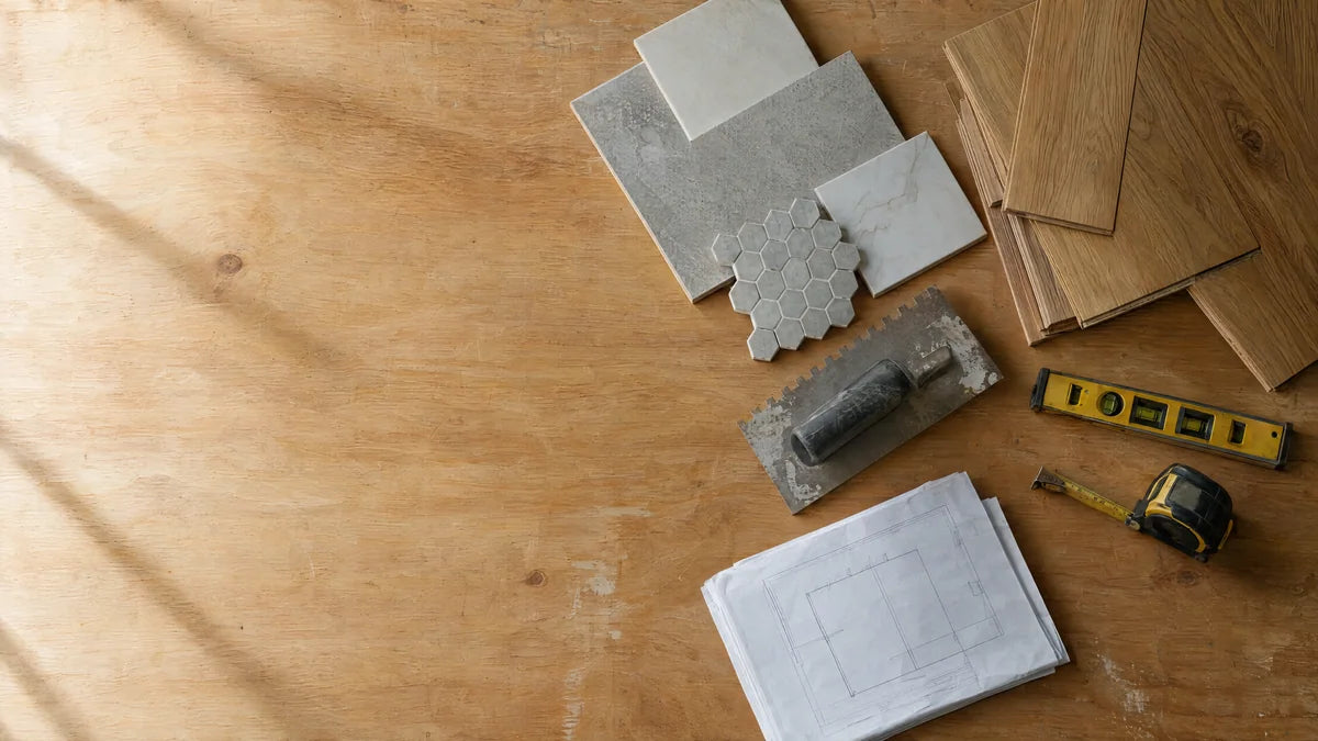 Tile, flooring samples and installation tools on a planning bench