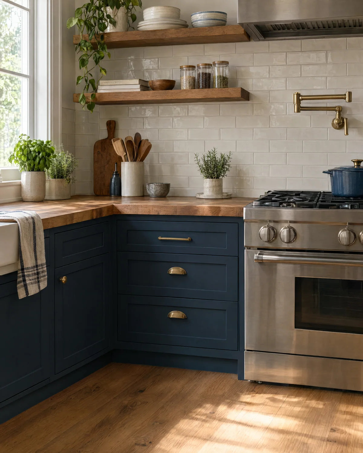 Navy kitchen cabinets with layered tile and brass finishes