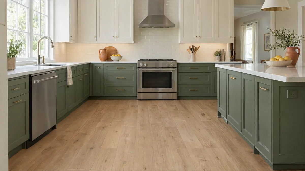 Sage kitchen cabinetry, stainless appliances and warm flooring