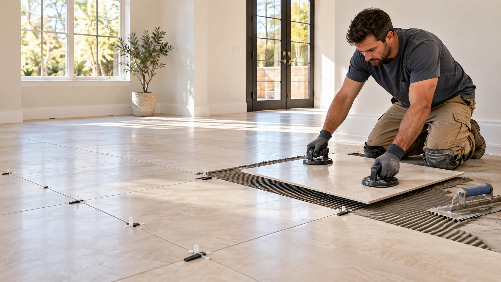 Flooring installer laying a large porcelain tile with suction handles and leveling spacers