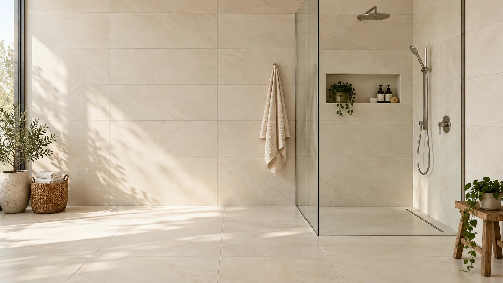 Large-format ivory tile with narrow grout joints in a sunlit walk-in shower